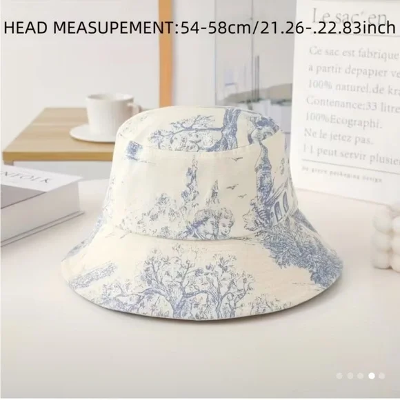 Cream and Blue Toile Foldable Bucket Hat One Size - Picture 3 of 7